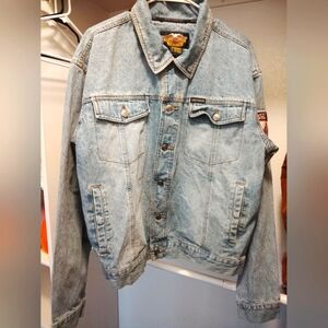 Vintage embroidered blue denim Harley Davidson jacket. Size XL